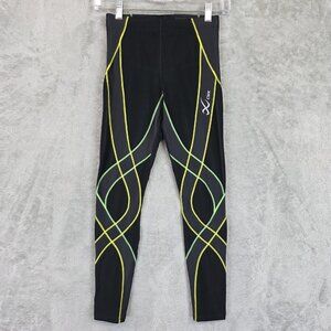 CW-X Leggings Mens XS Black Compression Running Geometric Yellow Green 129B09